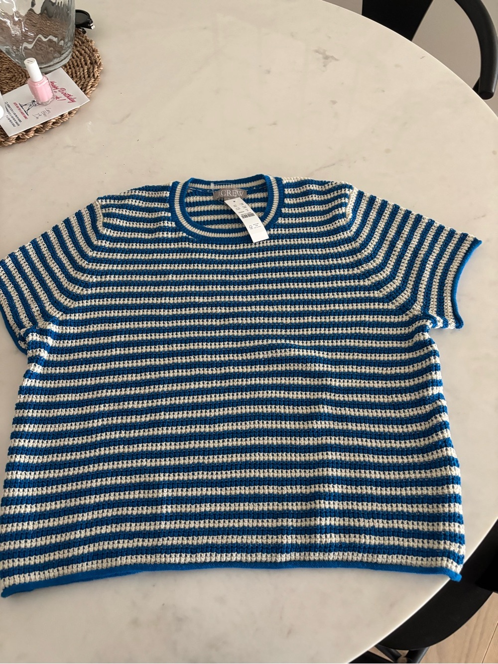 J. Crew Blue and White Striped Short Sleeve Crewneck Sweater